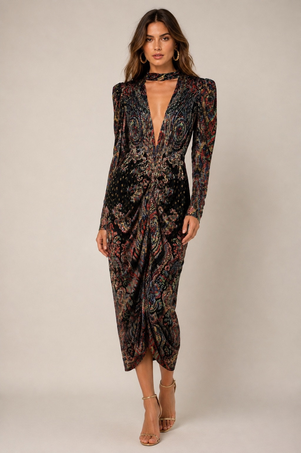 Rococo Sand Metallic Paisley Ruched Midi Dress | Size S